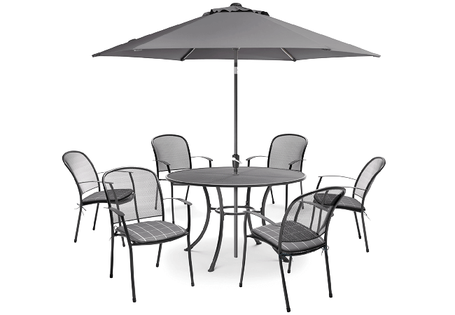 Image of Kettler Caredo 6 Seater Round Dining Set with Parasol in Slate Check