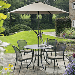 Small Image of Kettler Caredo 4 Seater Round Dining Set with Parasol in Stone Check