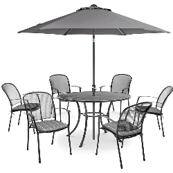 Small Image of Kettler Caredo 6 Seater Round Dining Set with Parasol in Slate Check