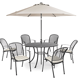 Small Image of Kettler Caredo 6 Seater Round Dining Set with Parasol in Stone Check