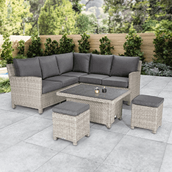 Small Image of Kettler Palma Mini Corner Set with Signature Cushions and Adjustable Slat Table in White Wash/Taupe