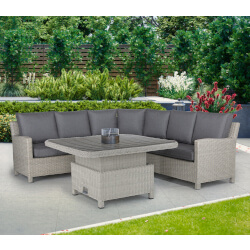 Small Image of Kettler Palma Grande Corner Set with Slat Top High/Low Table and Signature Cushions in Whitewash/Taupe