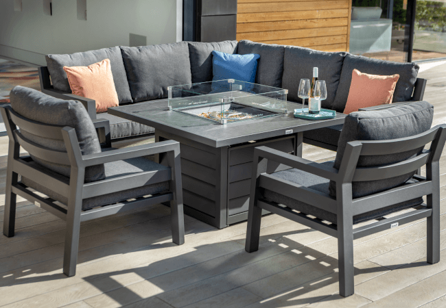 Image of Hartman Somerton Square Casual Gas Fire Pit Dining Set with Lounge Chairs - Xerix / Slate