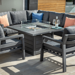 Small Image of Hartman Somerton Square Casual Gas Fire Pit Dining Set with Lounge Chairs - Xerix / Slate