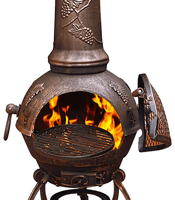 Image of Large Toledo Bronze Grape Cast Iron Chiminea Fireplace with BBQ grill
