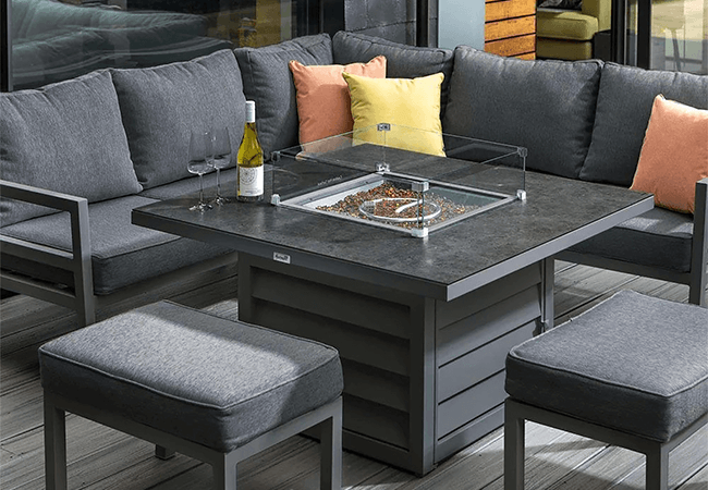 Image of Hartman Somerton Square Casual Gas Fire Pit Dining Set with Stools - Xerix / Slate