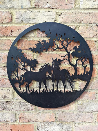 Image of Black Steel Wall Art Featuring Two Foals In A Forest - 50cm dia.