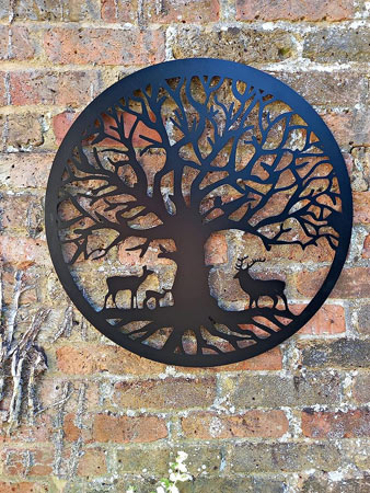 Image of Deer Family Under A Tree Black Steel Garden Screen - 60cm Dia.