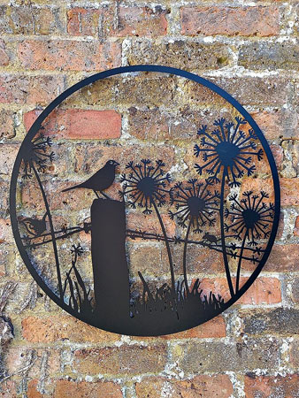 Image of Bird Perching On A Post Surrounded By Dandelions Black Steel Garden Screen - 60cm dia.
