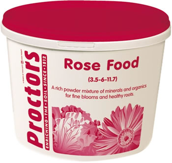 Image of 5kg tub of Proctors Rose and garden flower fertiliser in airtight container