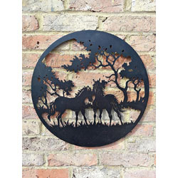 Small Image of Black Steel Wall Art Featuring Two Foals In A Forest - 80cm dia.