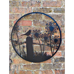 Small Image of Bird Perching On A Post Surrounded By Dandelions Black Steel Garden Screen - 45cm dia.
