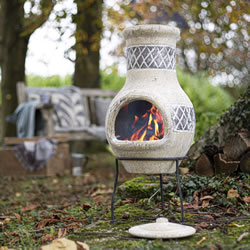 Small Image of Oxford Barbecues Radley Cream With Grey Detail Clay Chiminea Patio Heater