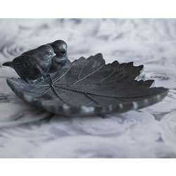 Small Image of Pair of Love birds on a Leaf Garden Bird Bath in Cast Bronze Effect Resin