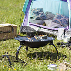 Small Image of La Hacienda Camping Firebowl with Grill and Folding Legs - Black