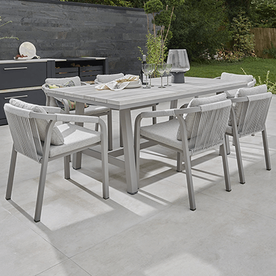 Studio image of Kettler Como Lounge Set, with a cushioned 3-seat sofa and 2 chairs, which are weave backed, and a rectangular coffee table, in a pebble grey finish
