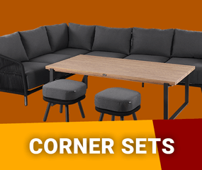 Part of the Corner Sets collection, the new Hartman Eden corner set which has a metal outer frame which is wrapped and decorated with a rope. Also shown with the teak effect metal table and two stools