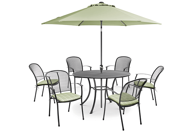 Image of Kettler Caredo 6 Seater Round Dining Set with Parasol in Sage Check
