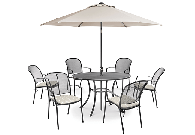 Image of Kettler Caredo 6 Seater Round Dining Set with Parasol in Stone Check