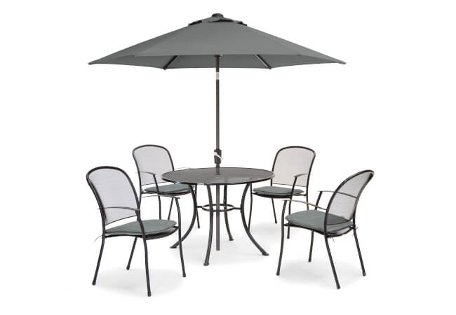 Image of Kettler Caredo 4 Seater Round Dining Set with Parasol in Slate Check