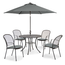 Small Image of Kettler Caredo 4 Seater Round Dining Set with Parasol in Slate Check