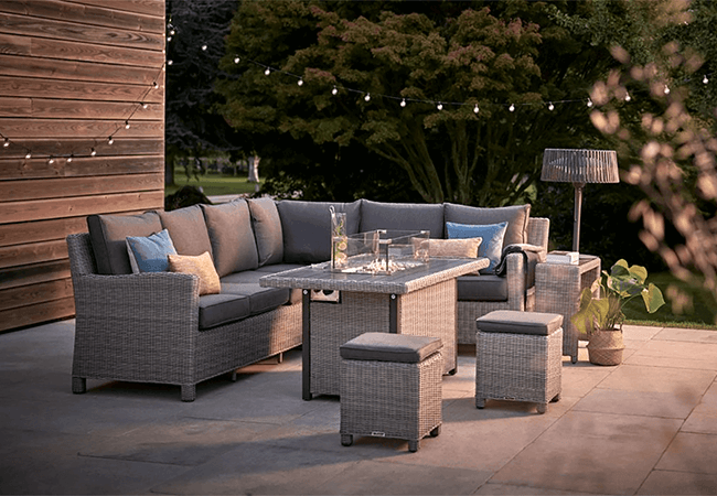 Image of Kettler Palma Left Hand Signature Corner Sofa Set with Fire Pit Table in Whitewash