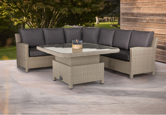 Image of Kettler Palma Grande Corner Set with Adjustable Glass Table and Signature Cushions in Whitewash/Taupe