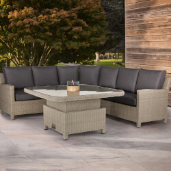 Small Image of Kettler Palma Grande Corner Set with Adjustable Glass Table and Signature Cushions in Whitewash/Taupe