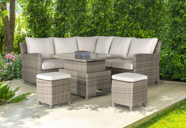 Image of Kettler Palma Mini Corner Set with Signature Cushions and Adjustable Glass Table in Oyster/Stone