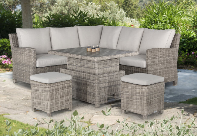 Image of Kettler Palma Mini Corner Set with Signature Cushions and Adjustable Slat Table in Oyster/Stone