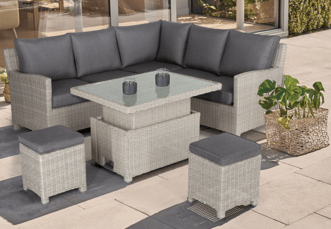 Image of Kettler Palma Mini Corner Set in White Wash with Signature Cushions and Adjustable Glass Table
