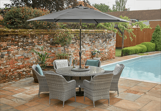 Image of LG Monte Carlo Stone 6 Seat Dining Set with Weave Lazy Susan and 3m Parasol