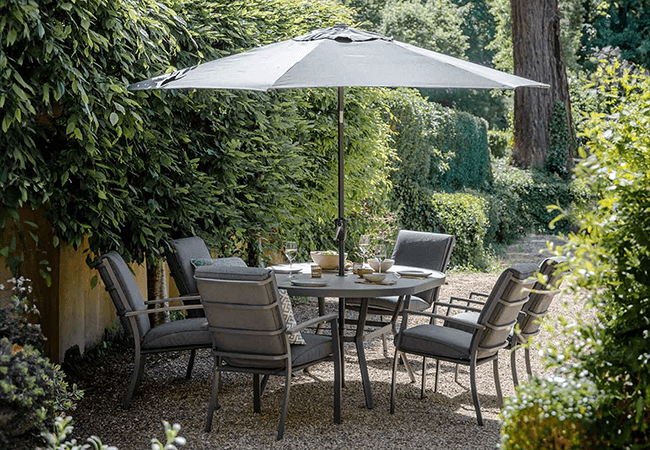 Image of LG Monza 6 Seat Set with Highback Armchairs and 3.0m Parasol