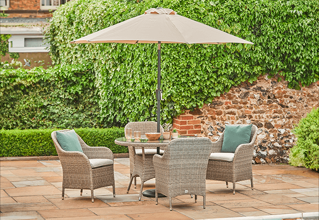 Image of LG Monte Carlo Sand 4 Seat Dining Set with 2.5m Parasol