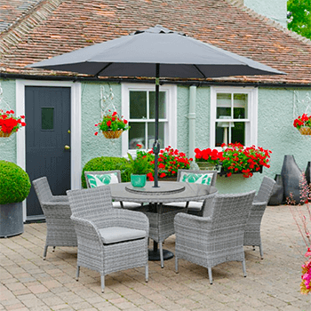 Image of LG Monaco Stone 6 Seat Dining Set with 3m Parasol in Pebble / Ash