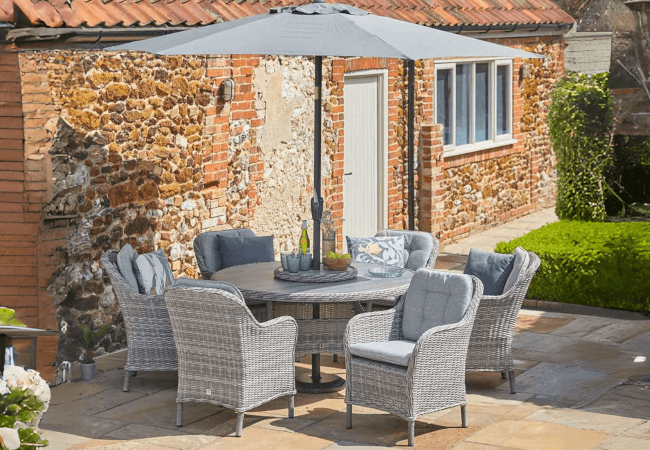 Image of LG St Tropez Stone 6 Seat Dining Set with Weave Lazy Susan and 3.0m Parasol