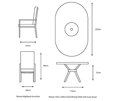 Monza 8 Seat Oval Set dimensions image