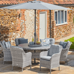 Small Image of LG St Tropez Stone 6 Seat Dining Set with Weave Lazy Susan and 3.0m Parasol