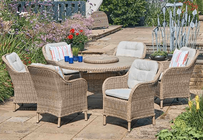 Image of LG St Tropez Sand 6 Seat Dining Set with Weave Lazy Susan and 3.0m Parasol