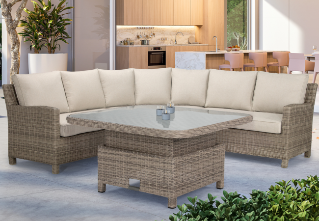 Image of Kettler Palma Grande Corner Set with Adjustable Glass Table and Signature Cushions in Oyster/Stone