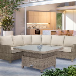 Image of Kettler Palma Grande Corner Set with Adjustable Glass Table and Signature Cushions in Oyster/Stone