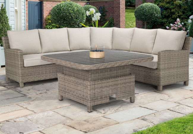 Image of Kettler Palma Grande Corner Set with Adjustable Slat Table and Signature Cushions in Oyster/Stone