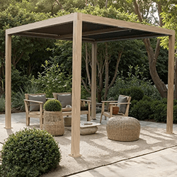 Image of Supremo Wood Effect Heat Transfer Belfort 3m x 3m Aluminium Pergola with Curtains and LED Lights