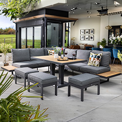 Image of Hartman Sonas Rectangular Platform Corner Sofa Set with Gas Pump Adjustable Table in Matt Xerix / Harris