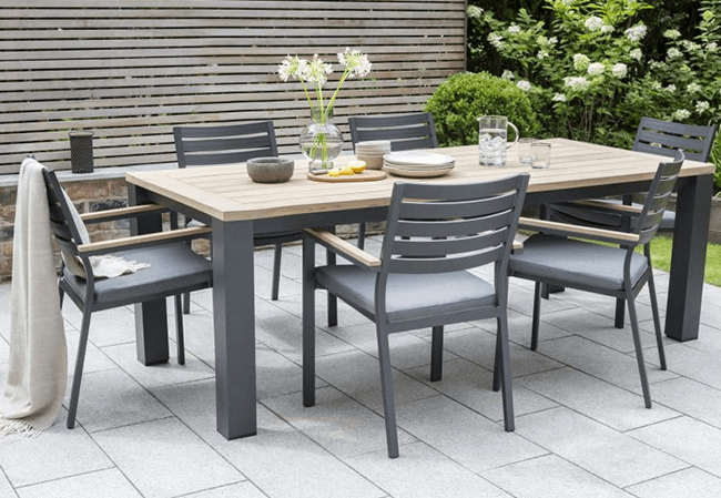 Image of Kettler Elba 6 Seat Dining Set in Teak/Grey with Signature Cushions