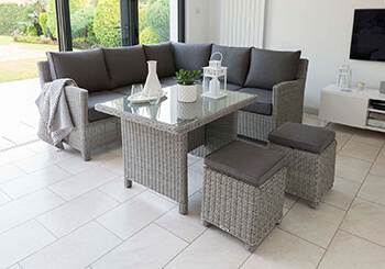 Image of Kettler Palma Mini Corner Sofa Dining Set in White Wash / Taupe with Glass Top Table