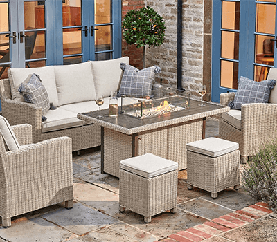 Image of Kettler Palma Sofa Set with Fire Pit Table, in Oyster and Stone