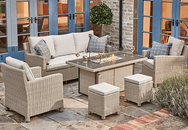 Image of Kettler Palma Signature Sofa Set with Firepit Table in Oyster and Stone