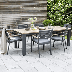 Small Image of Kettler Elba 6 Seat Dining Set in Teak/Grey with Signature Cushions