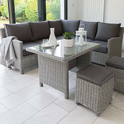 Small Image of Kettler Palma Mini Corner Sofa Dining Set in White Wash / Taupe with Glass Top Table